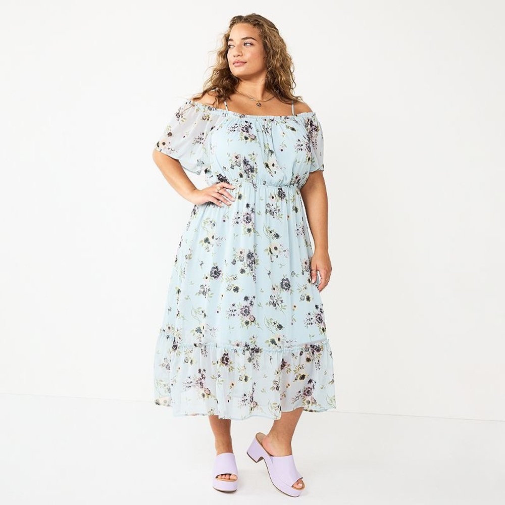 Rewind Womens Cold Shoulder Skater Dress Blue Floral Sz M